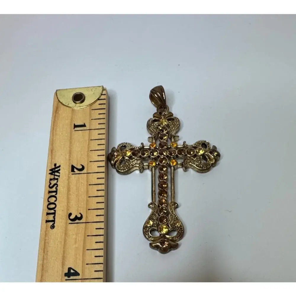 Vtg Renaissance Revival Amber & Champagne Rhinestone Large Filigree Cross Charm